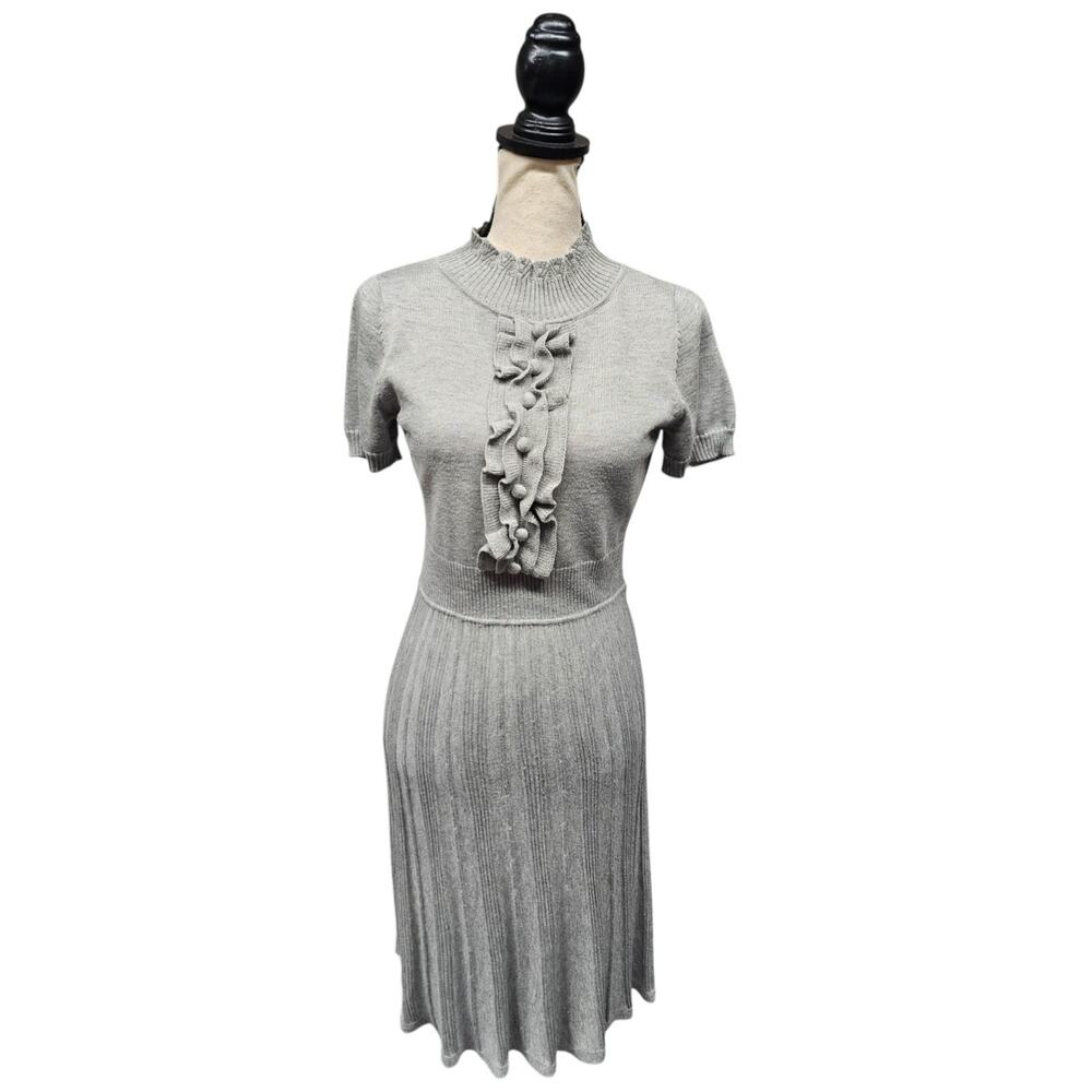 Retro Pleated Ruffled Sweater Dress Gray Corpcore Academia Office Siren